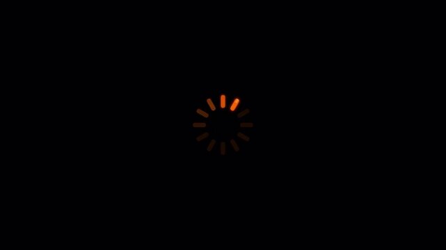 Animated orange preloader with technical glitch distortion on black, buffering interface progress icon 4k video