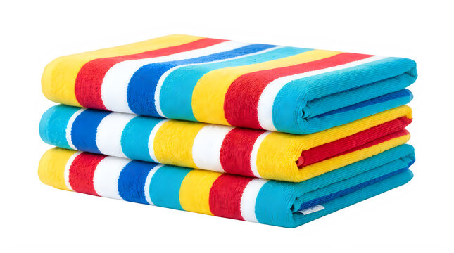 Colorful striped towels, folded beach towels, vibrant terrycloth fabrics, stack of multicolored towels isolated on Transparent Background