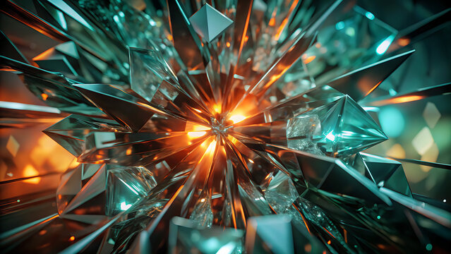 Abstract Geometric Crystal Shards Exploding Outward with Fiery Core