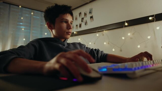 Focused teenage boy playing a video game on a computer at night in his room. Young gamer using a backlit keyboard and mouse, concentrating on the screen.