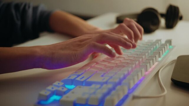 A focused teenage boy in a hoodie types quickly on a backlit gaming keyboard while playing a video game or coding at night in his room.