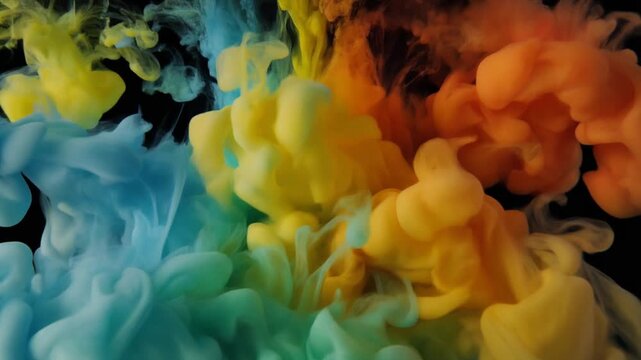 Vibrant colorful ink clouds swirling and merging in dark water creating abstract mesmerizing patterns