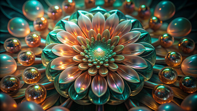Abstract Floral Mandala with Geometric Spheres and Glowing Center
