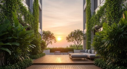 Fototapeta premium Serene outdoor lounge at sunset hour.