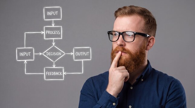 Software developer in glasses looking at a complex glowing flowchart for algorithm planning