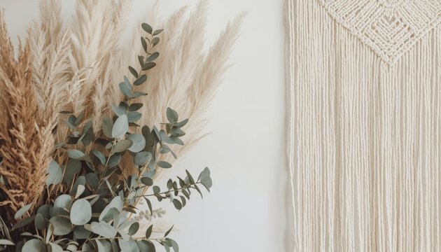 There is a vase with some plants in it next to a wall hanging