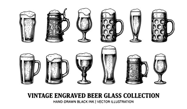 Vintage Beer Mug and Glass Collection Hand Drawn Ink Vector Illustration Set