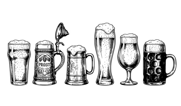 Hand Drawn Beer Glasses and Mugs Vector Set in Ink Sketch Style Isolated on White Background
