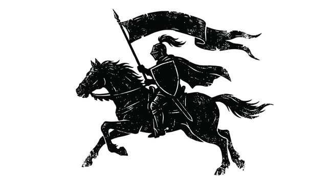 Black silhouette vector illustration of a medieval king sitting on his royal throne with a crown and scepter while a humble peasant kneels before him in an act of reverence