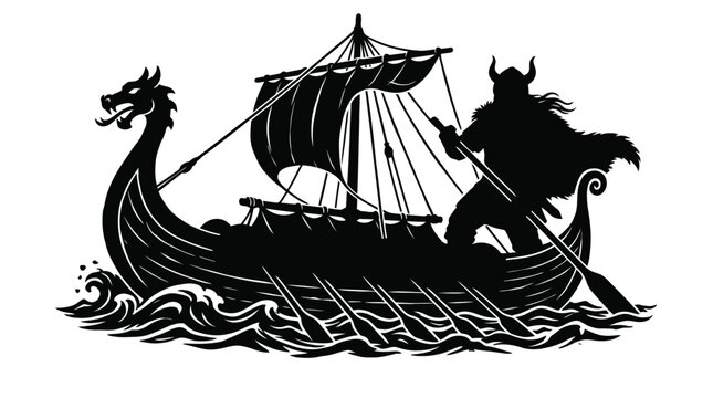 Detailed black and white vector illustration of a powerful viking warrior standing proudly on a traditional wooden longship with a dragon head prow sailing across turbulent and deep ocean waves