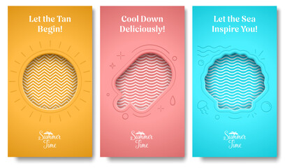 Simple summer vertical banner card set, sun, ice cream, sea shell, pattern frame on yellow, red, blue background. Summer time vacation travel icon frame. Social network story template © iaroslavka
