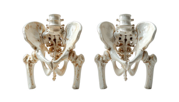 Two anatomical models of the human pelvis against a black background.