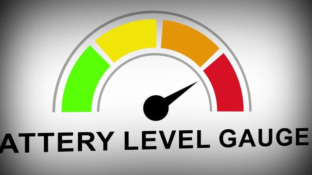 Dynamic battery level gauge indicator animation featuring smooth needle movement across color coded status zones for efficient power management and energy monitoring