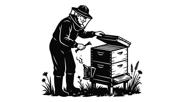 Professional beekeeper wearing a protective suit and veil while inspecting a wooden beehive with a smoker tool in this high contrast black and white vector illustration for your creative project