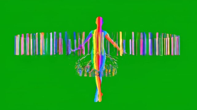 Rainbow dancer silhouette with rotating abstract geometric rings on green screen