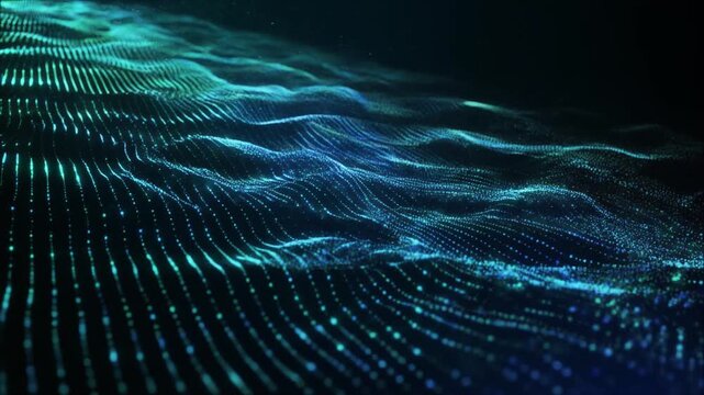 Abstract blue and green digital particle wave background with glowing neon light dots