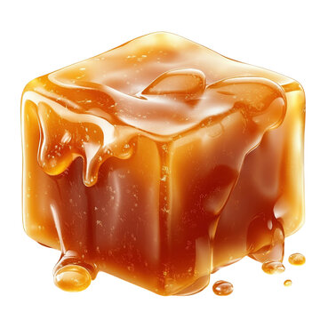 Glossy caramel cube candy with syrup drips, golden brown dessert close-up, sweet confection texture for food ads isolated on Transparent Background