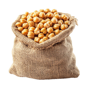 Rustic sack of chickpeas, dried garbanzo beans in burlap bag, golden legumes for cooking and pantry staples isolated on Transparent Background