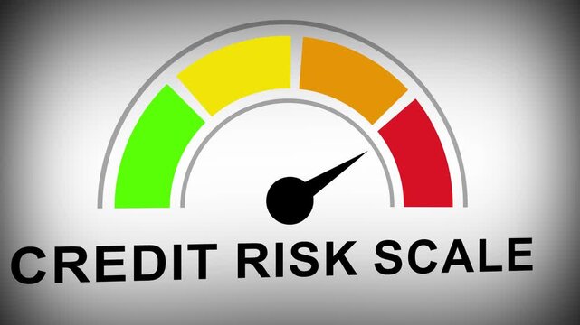 Animated credit risk gauge meter moving across color coded financial performance levels for banking analysis, loan approval assessment, and economic debt management