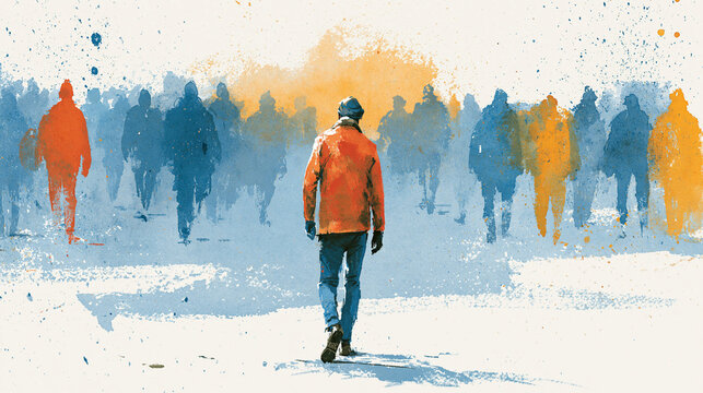 Man Walking Toward Crowd Belonging Rejection Loneliness Watercolor Illustration