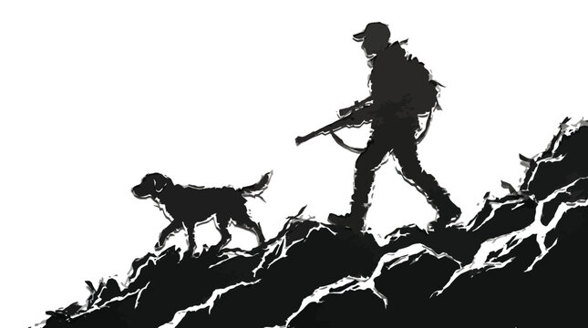 Digital vector illustration showing a silhouette of a determined hunter wearing a cap and carrying a long rifle while walking up a steep rocky mountain trail with his loyal dog