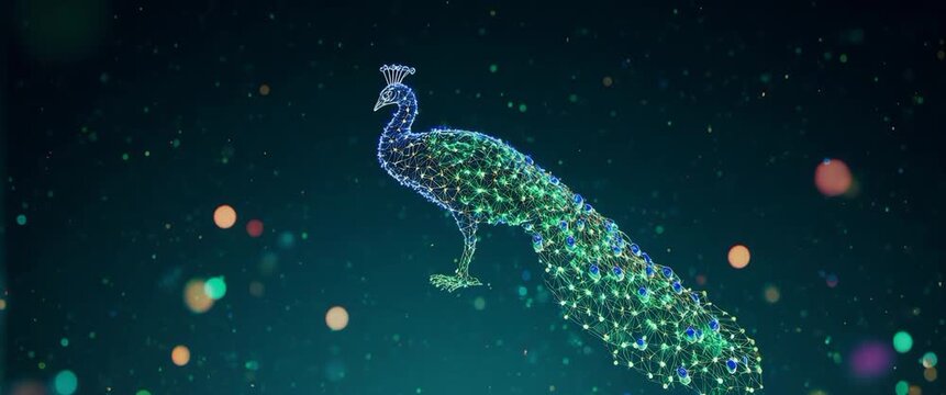 Vibrant Peacock Profile Made of Cybernetic Molecular 3D Nodes
