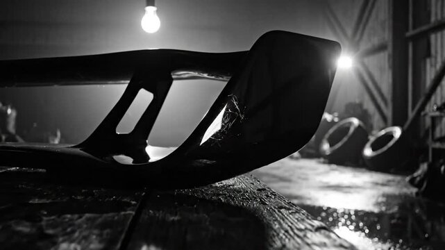 Automotive spoiler sits on a wooden workbench under a single lightbulb, in a damp, dimly lit garage