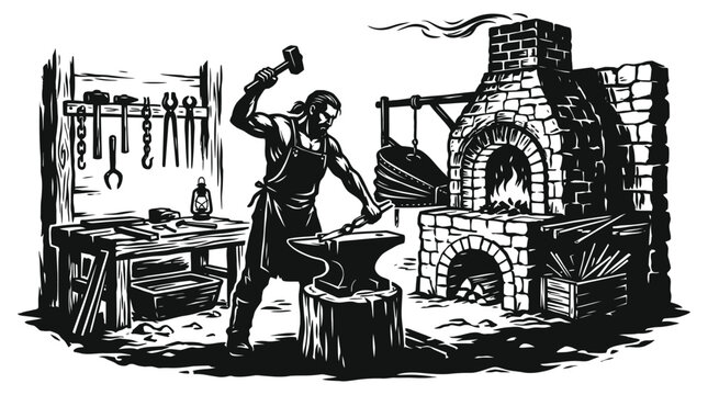 Skilled blacksmith working in a traditional forge workshop using a heavy hammer to shape glowing hot iron on an anvil in this detailed high contrast black and white vector illustration.