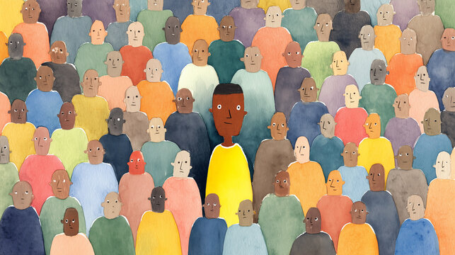 Unique Individual Standing Out Diverse Crowd Watercolor Illustration Identity Concept