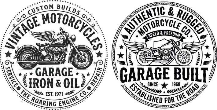Set of two vintage motorcycle garage emblems featuring winged bikes and retro typography for custom build shops and automotive enthusiast brands.