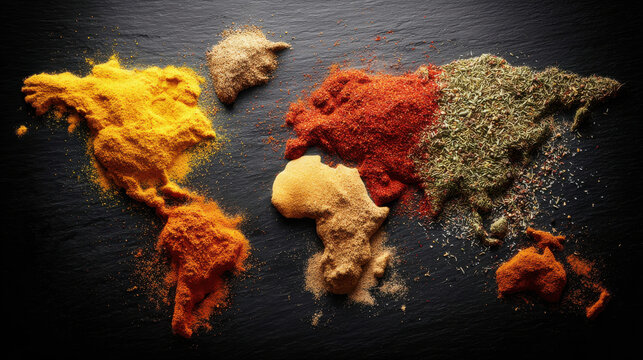 World map artfully crafted from colorful spices on a dark slate surface. Creative representation of globe using various ground spices and herbs, showcasing continents with distinct textures and hues