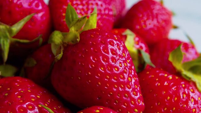 Macro close-up of ripe strawberries. Shallow depth of field, natural light. Vibrant red texture. Perfect for food advertising, healthy nutrition, organic diet and dessert.