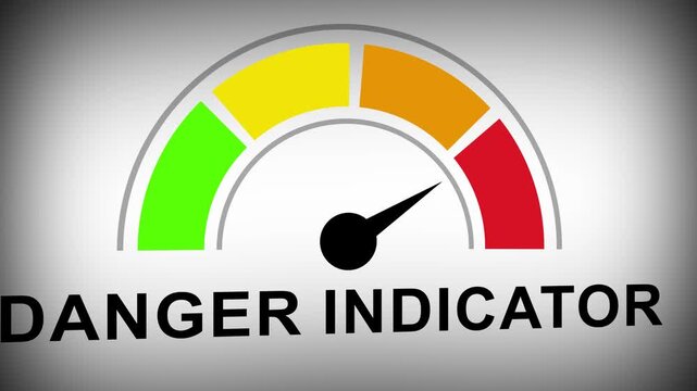 Dynamic danger indicator gauge animation featuring a moving needle swinging across color coded risk levels from green to red for industrial safety and critical
