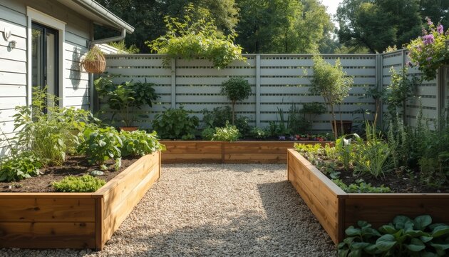 This is an image of a backyard garden with raised beds of vegetables