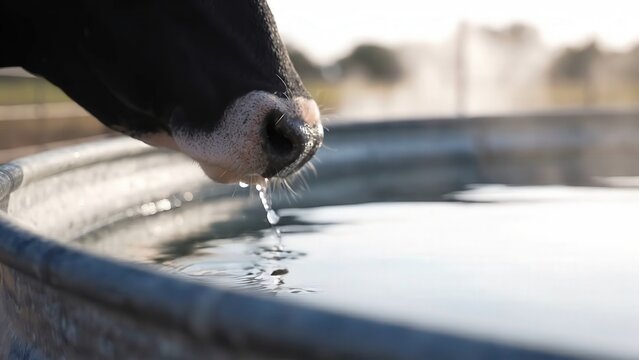 Black and white cow drinking water from a metal trough, droplets falling from its muzzle, with a blurred farm background and sunlight illuminating the scene