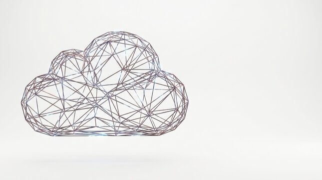 Cloud computing network visualized as a digital wireframe structure against a clean white background.