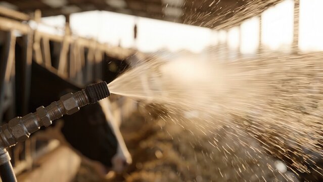 Water spray from a nozzle in a barn setting, with cows in the background, capturing the action of cooling livestock during warm weather in a rural agricultural environment