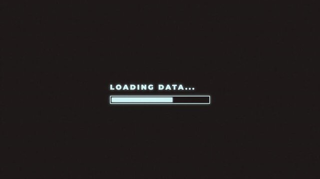 Progress bar displaying loading data with jittery glitch effects, retro tech terminal interface 4k video