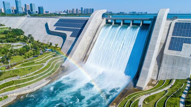 Aerial drone shot of hydroelectric dam releasing water with rainbow in mist. Modern power plant with solar panels near city skyline. Renewable green energy concept