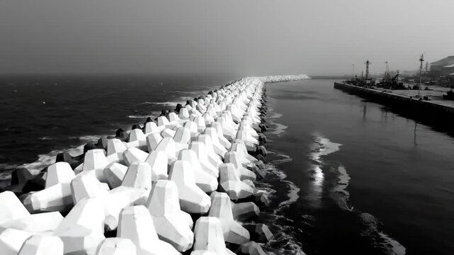 Black and white shot of a breakwater of concrete tetrapods separating the ocean and a harbor entrance.