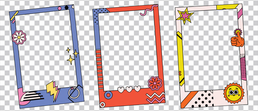 Vibrant and playful retro-themed photo frame collection with a nostalgic 90s aesthetic, featuring quirky shapes and eye-catching graphic elements for digital designs