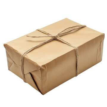 Vintage kraft paper wrapped parcel box with twine string, rustic gift package, eco friendly shipping and packaging concept isolated on Transparent Background