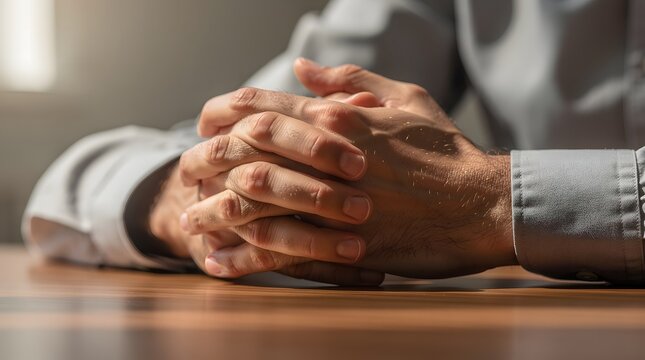 Businessman sits with his hands clasped firmly on a wooden desk while reflecting on a serious decision during a quiet moment in his professional office environment.