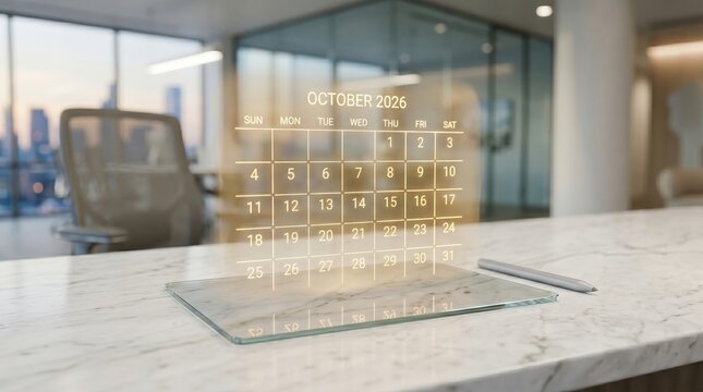 Calendar display for October 2026 floats as a luminous holographic projection above a polished stone workstation.