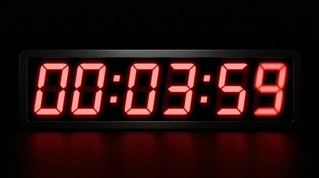 Digital clock displaying 00 hours 03 minutes and 59 seconds with red glowing numbers on a black background