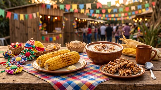 Festa Junina food spread with corn, pa&ccedil;oca, and canjica on a rustic wooden table with colorful decorations and a blurred background of stalls and people