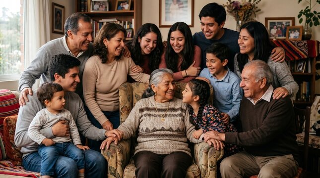 Multi generational Hispanic family gathered together indoors smiling and laughing sharing a moment of joy and connection
