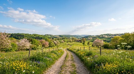 Naklejka premium Idyllic Countryside Landscape with Winding Dirt Road Through Blooming Wildflowers and Green Rolling Hills Under a Blue Sky