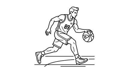 Basketball player dribbling ball line art illustration. © jas
