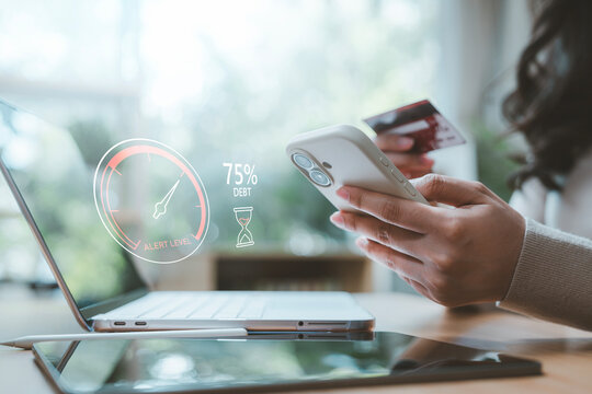 Buy now pay later BNPL debt management concept person holding credit card and smartphone with shopping cart warning alert for online shopping addiction and financial risk
